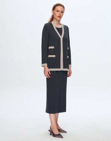 T24K-6041 Yakası Renkli Kolsuz Triko Tunik OMERO-DARK GREY 