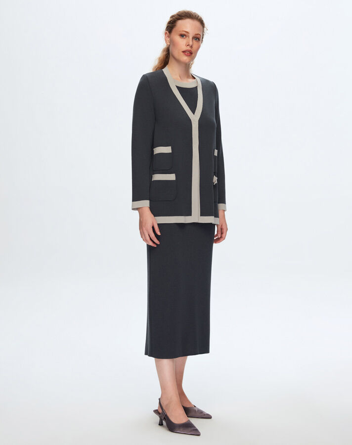 T24K-6041 Yakası Renkli Kolsuz Triko Tunik OMERO-DARK GREY - 1