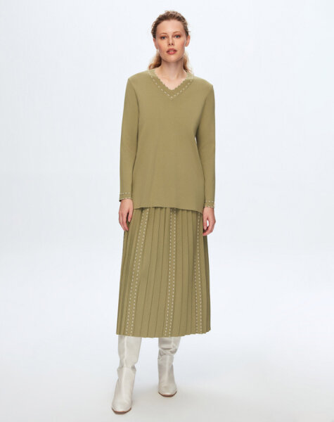 T24K-6045 Çizgi Detaylı Tunik 1278-OLIVE 