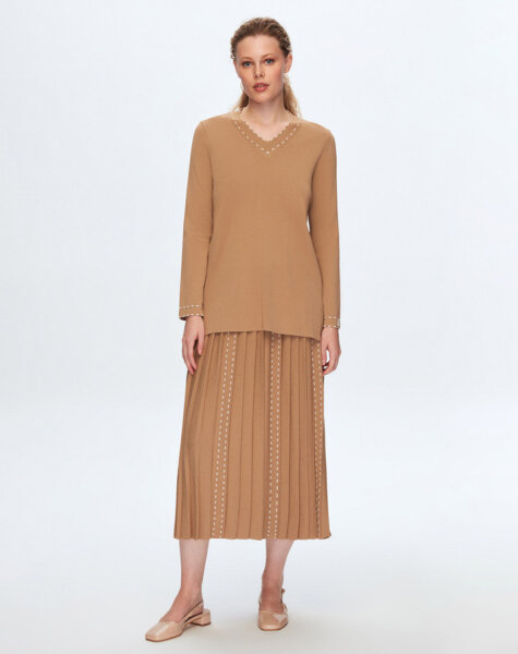 T24K-6045 Çizgi Detaylı Tunik 1380-CAMEL 