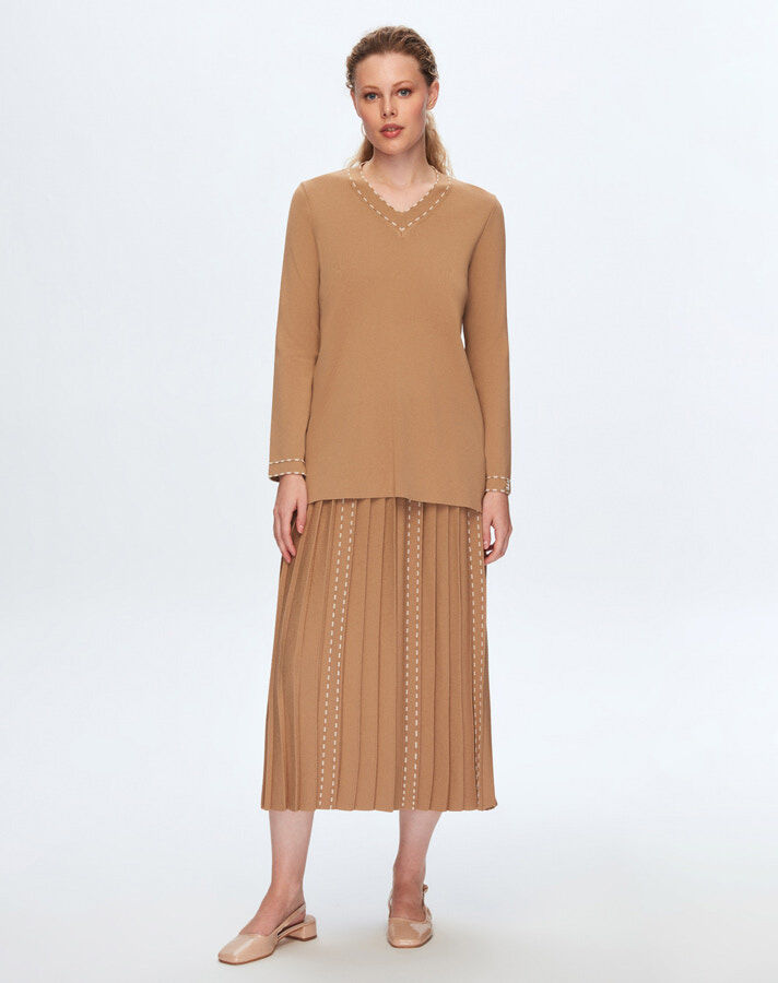 T24K-6045 Çizgi Detaylı Tunik 1380-CAMEL - 1