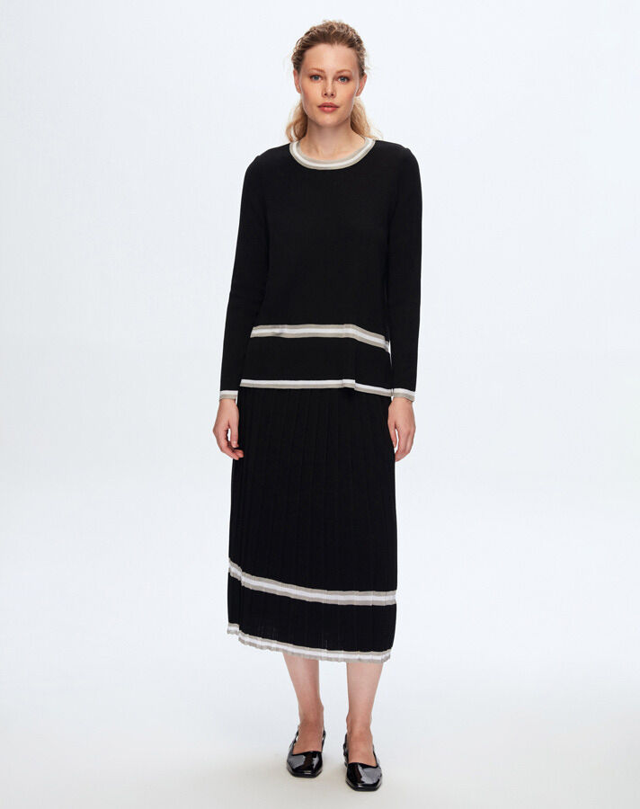 T24K-6049 Renk Şeritli Triko Tunik BLACK - 1