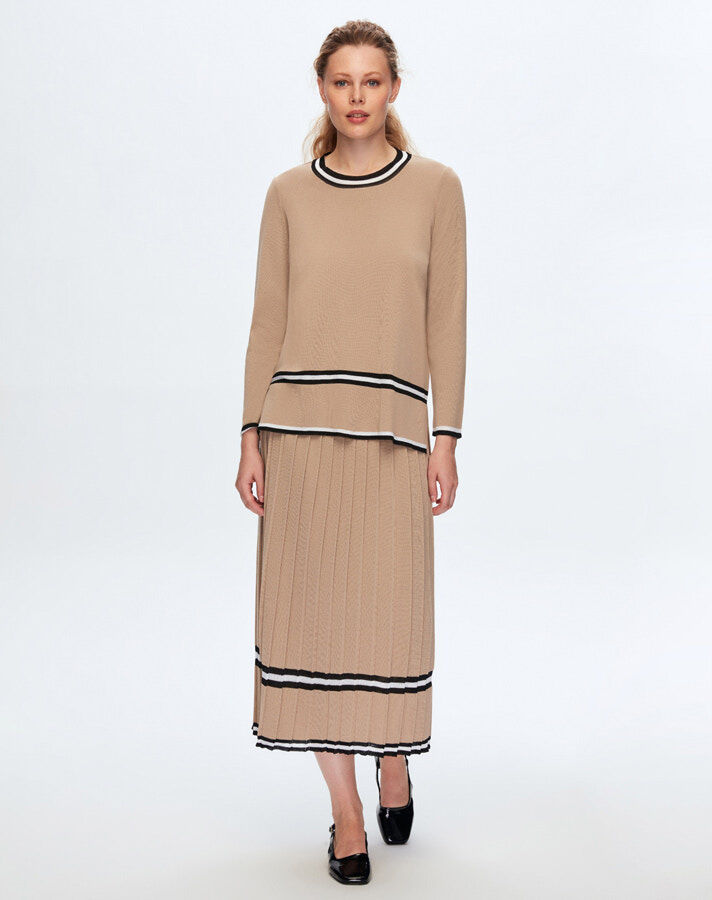 T24K-6049 Renk Şeritli Triko Tunik CORO-CAMEL - 1