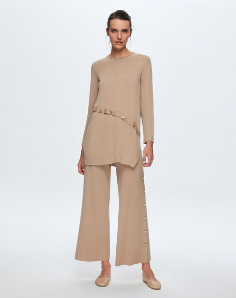 T24K-7003 Düğme Detaylı Bol Paça Pantolon COMO-CAREMEL - 1