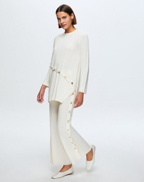 T24K-7003 Düğme Detaylı Bol Paça Pantolon FEDE-ECRU 