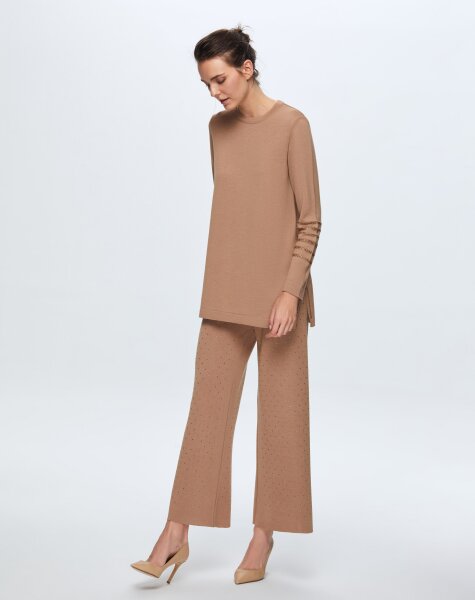 T24K-7006 Taşlı Bol Paça Pantolon COMO-CAREMEL 