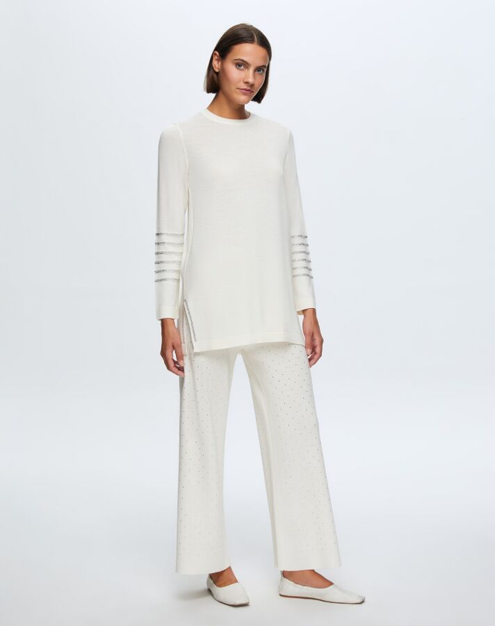 T24K-7006 Taşlı Bol Paça Pantolon FEDE-ECRU - 1