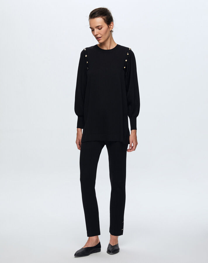 T24K-7010 Paçası Düğme Detaylı Triko Pantolon BLACK - 1