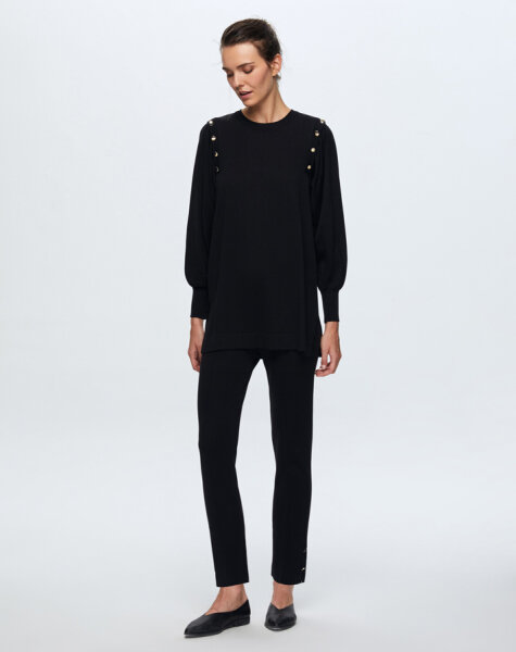 T24K-7010 Paçası Düğme Detaylı Triko Pantolon BLACK 