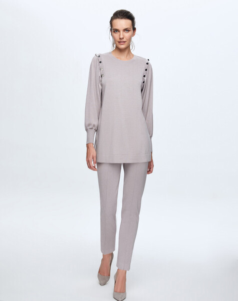 T24K-7010 Paçası Düğme Detaylı Triko Pantolon OMERO-DARK GREY - 2