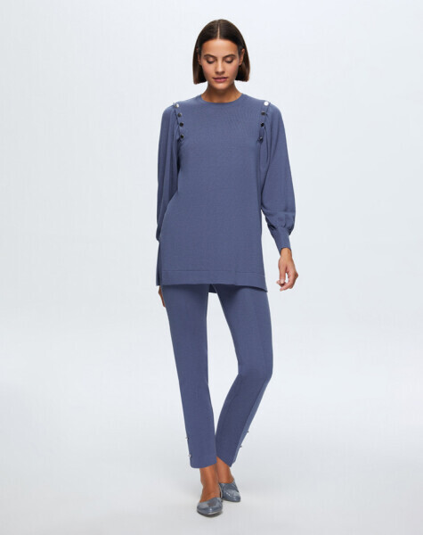 T24K-7010 Paçası Düğme Detaylı Triko Pantolon PENNA-DARK BLUE - 1