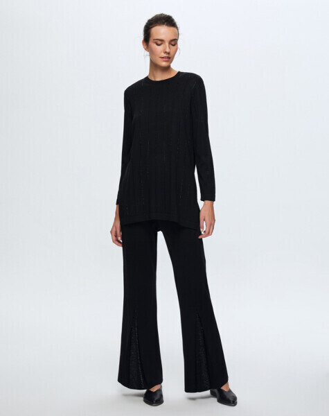 T24K-7011 Paçası Taşlı Triko Pantolon BLACK 