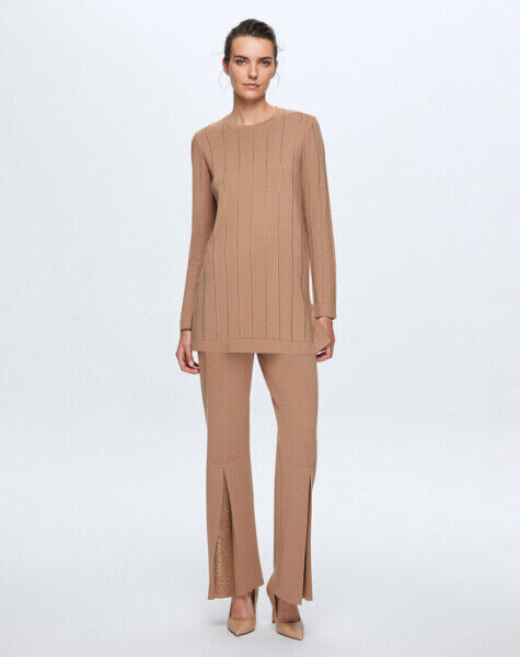 T24K-7011 Paçası Taşlı Triko Pantolon COMO-CAREMEL - 2