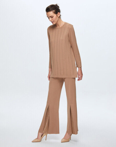 T24K-7011 Paçası Taşlı Triko Pantolon COMO-CAREMEL - 1
