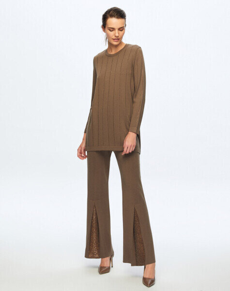 T24K-7011 Paçası Taşlı Triko Pantolon DATA-BROWN - 1