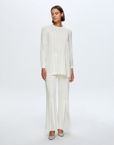 T24K-7011 Paçası Taşlı Triko Pantolon FEDE-ECRU 