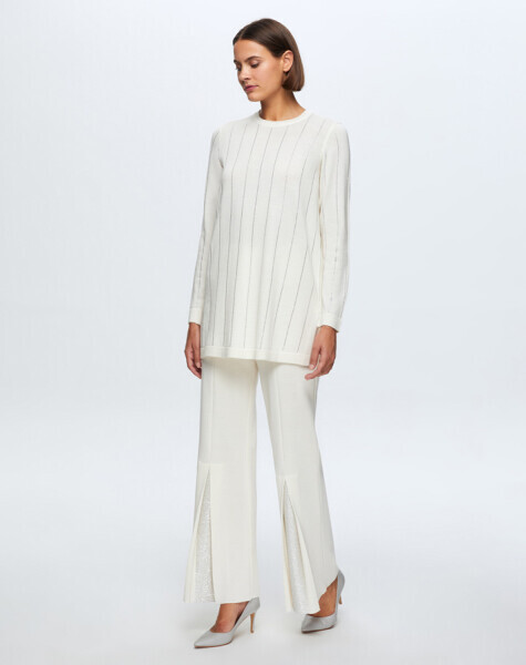 T24K-7011 Paçası Taşlı Triko Pantolon FEDE-ECRU - 2