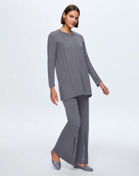 T24K-7011 Paçası Taşlı Triko Pantolon OMERO-DARK GREY 