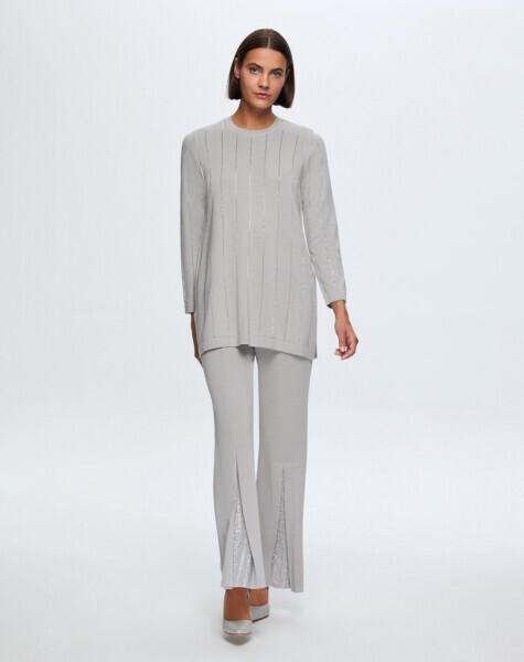 T24K-7011 Paçası Taşlı Triko Pantolon VİLLA-GREY - 1