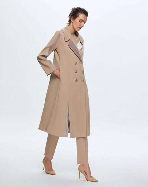 T24K-8005 Kadife Detaylı Triko Manto CORO-CAMEL - 2