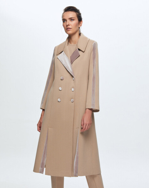 T24K-8005 Kadife Detaylı Triko Manto CORO-CAMEL - 1