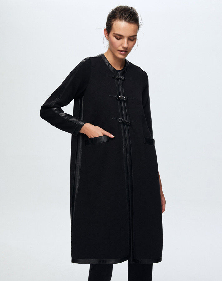 T24K-8011 Deri Detaylı Agraf Kapamalı Triko Kap BLACK - 3