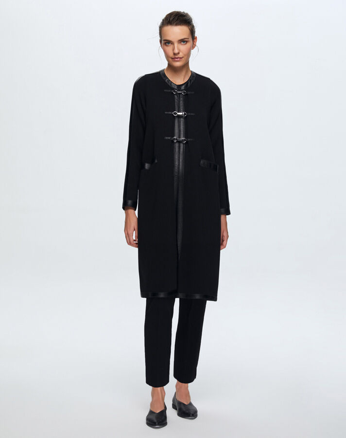 T24K-8011 Deri Detaylı Agraf Kapamalı Triko Kap BLACK - 1