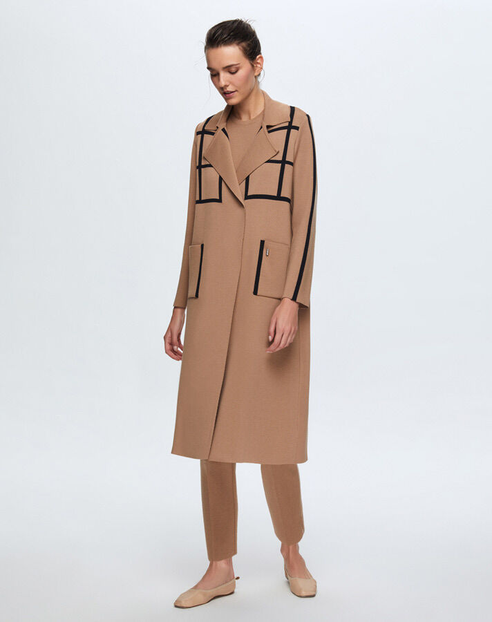 T24K-8013 Kare Desenli Uzun Hırka COMO-CAREMEL - 1