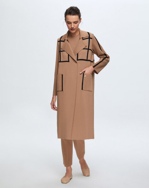 T24K-8013 Kare Desenli Uzun Hırka COMO-CAREMEL - MISS DALIDA (1)