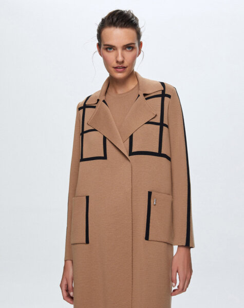 T24K-8013 Kare Desenli Uzun Hırka COMO-CAREMEL - 3