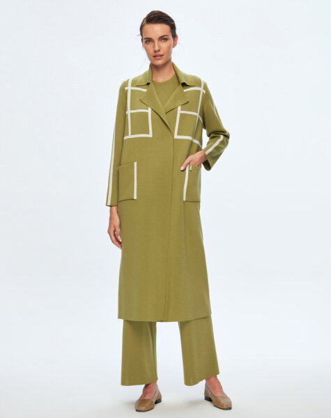 T24K-8013 Kare Desenli Uzun Hırka FİABA-OLİVE 