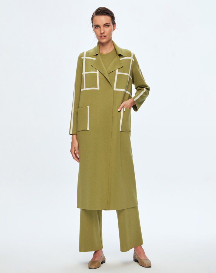 T24K-8013 Kare Desenli Uzun Hırka FİABA-OLİVE - 1