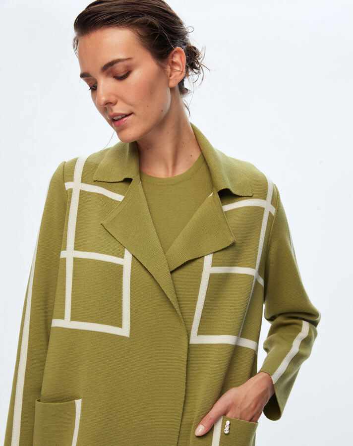 T24K-8013 Kare Desenli Uzun Hırka FİABA-OLİVE - 2