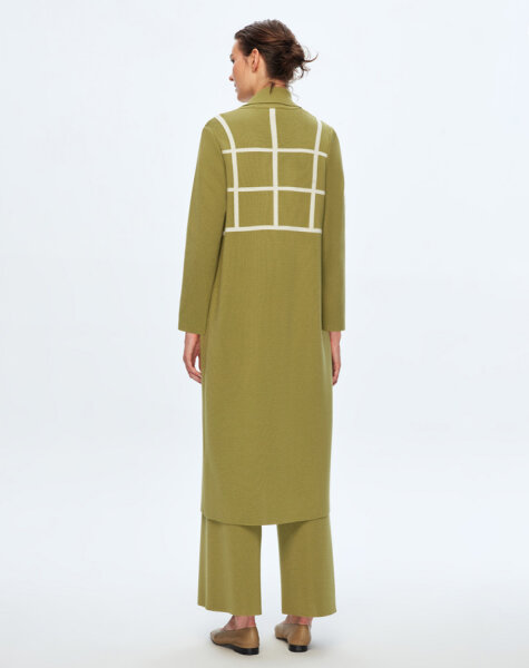 T24K-8013 Kare Desenli Uzun Hırka FİABA-OLİVE - 4