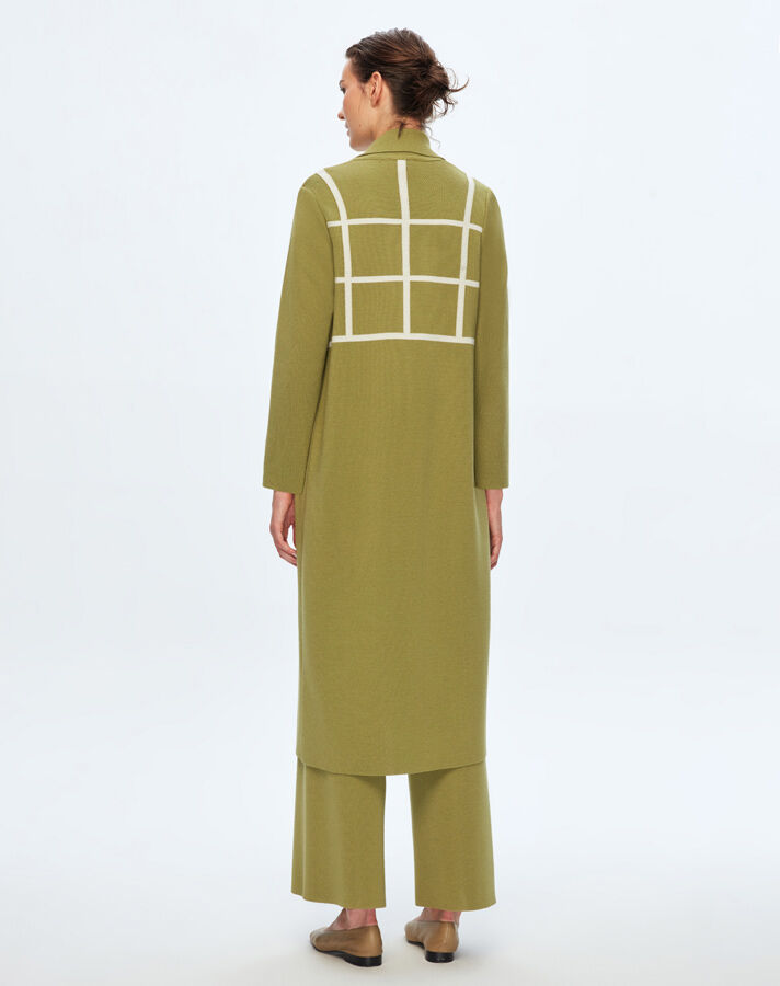 T24K-8013 Kare Desenli Uzun Hırka FİABA-OLİVE - 4