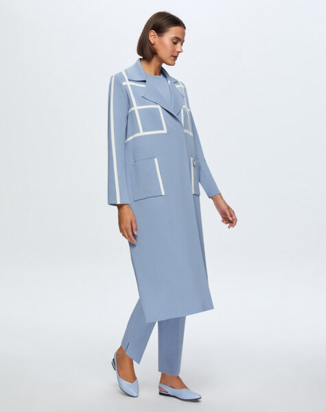 T24K-8013 Kare Desenli Uzun Hırka OVALE-BLUE 