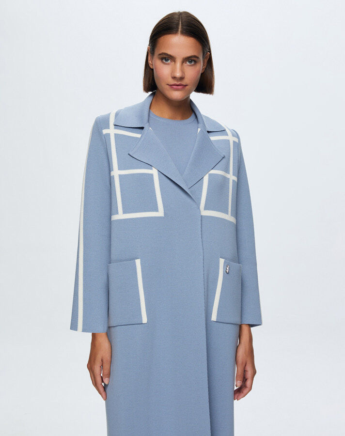 T24K-8013 Kare Desenli Uzun Hırka OVALE-BLUE - 3