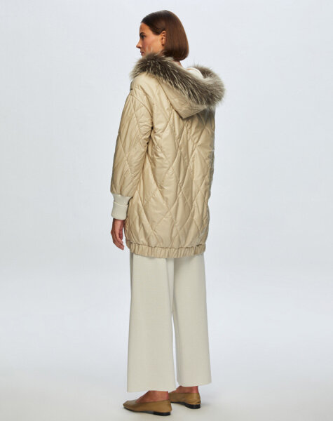 T24K-8015 Baklava Dilimli Kürklü Mont BEİGE - 4