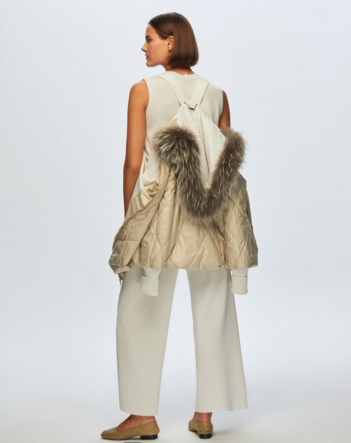 T24K-8015 Baklava Dilimli Kürklü Mont BEİGE - 2