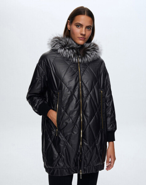 T24K-8015 Baklava Dilimli Kürklü Mont BLACK - MISS DALIDA
