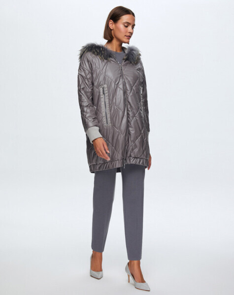 T24K-8015 Baklava Dilimli Kürklü Mont GREY - MISS DALIDA