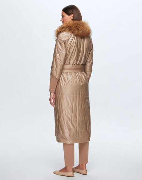 T24K-8021 Askı Detaylı Kürklü Uzun Mont CARAMEL - 4