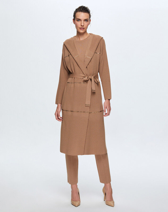 T24K-9009 Taş Şeritli Triko Uzun Hırka COMO-CAREMEL - 1