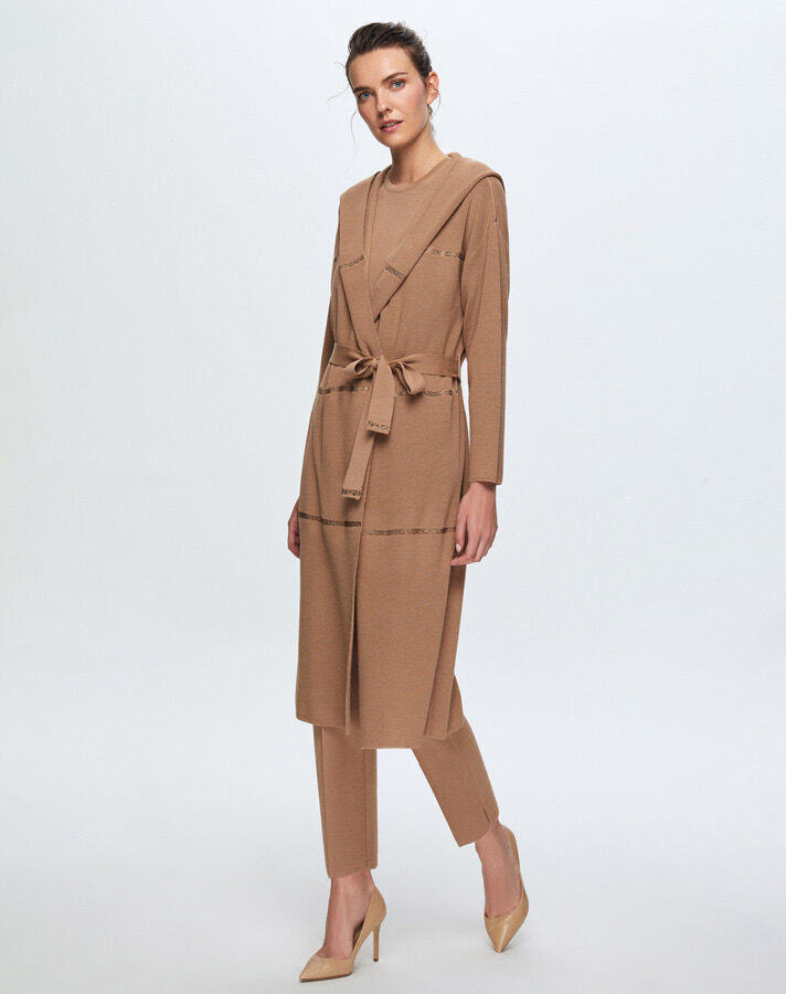 T24K-9009 Taş Şeritli Triko Uzun Hırka COMO-CAREMEL - 2