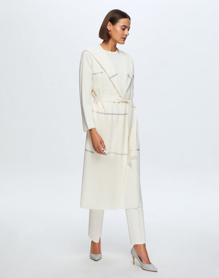 T24K-9009 Taş Şeritli Triko Uzun Hırka FEDE-ECRU - 2