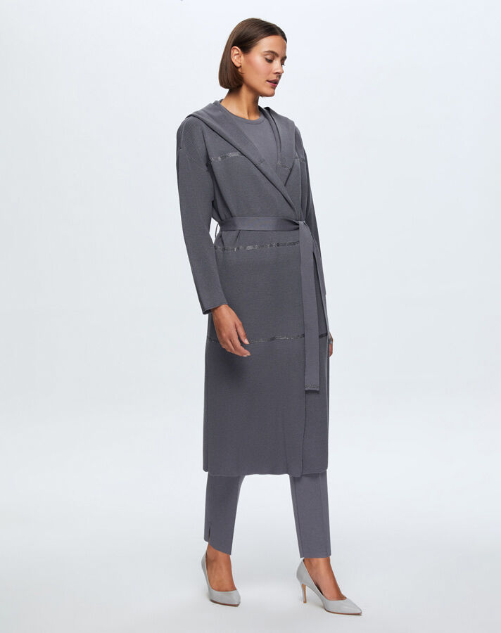 T24K-9009 Taş Şeritli Triko Uzun Hırka OMERO-DARK GREY - 1