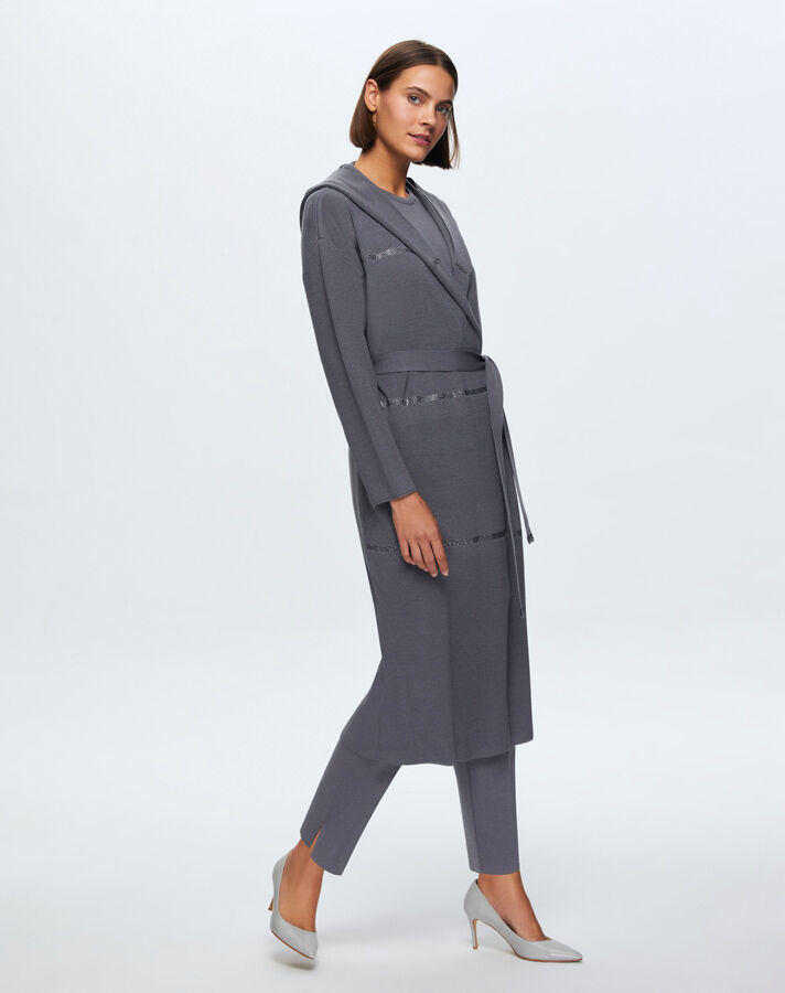 T24K-9009 Taş Şeritli Triko Uzun Hırka OMERO-DARK GREY - 2