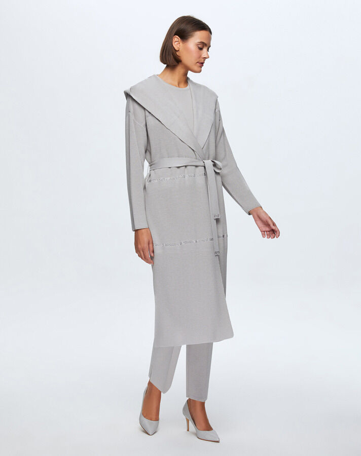 T24K-9009 Taş Şeritli Triko Uzun Hırka VİLLA-GREY - 2