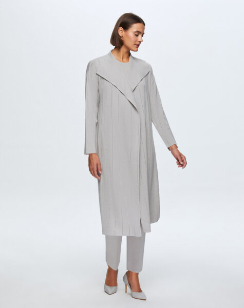 T24K-9011 Taş Detaylı Şal Yaka Uzun Hırka VİLLA-GREY 