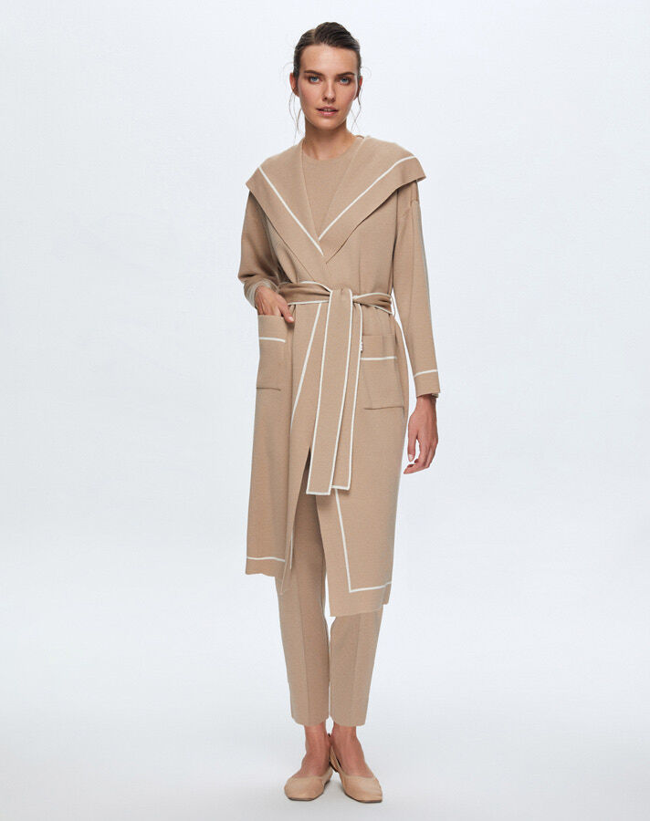 T24K-9013 Çizgi Şeritli Uzun Triko Hırka CORO-CAMEL - 2